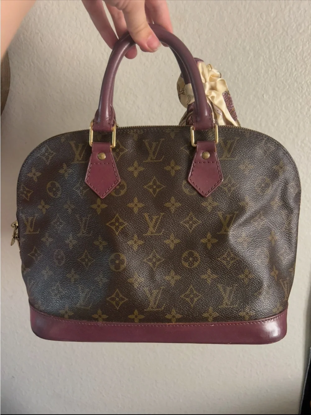 Louis Vuitton Brown Monogram Satchel with Burgundy Trim and Gold Hardware